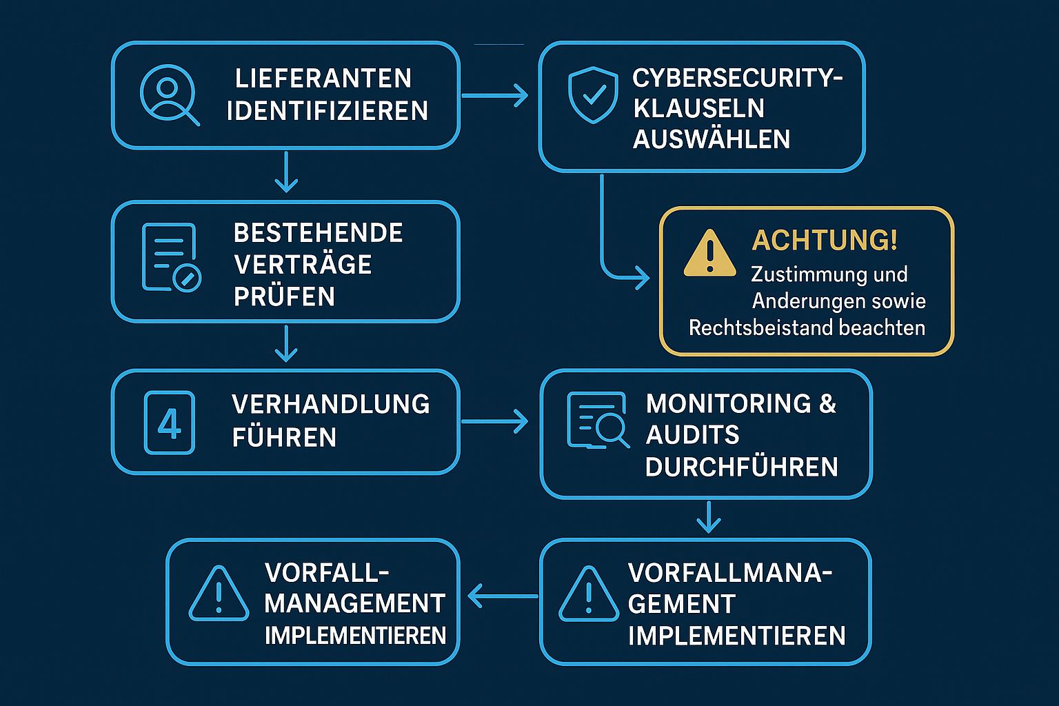 Dieses Flussdiagramm zeigt den klar strukturierten Prozess zur Aktualisierung von Lieferantenverträgen gemäß NIS2, vermittelt Vertrauen und erleichtert das praktische Vorgehen.