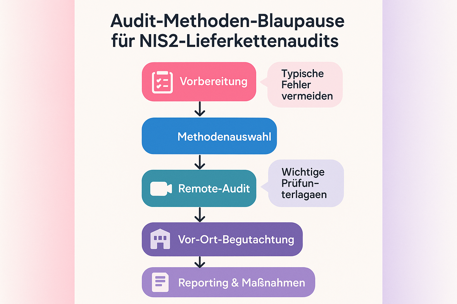Diese Blaupause zeigt den vollständigen Ablauf eines NIS2-Lieferkettenaudits – von der Vorbereitung über die Methodenwahl bis zum Abschlussbericht – und erhöht die Sicherheit und Compliance durch klare Struktur.
