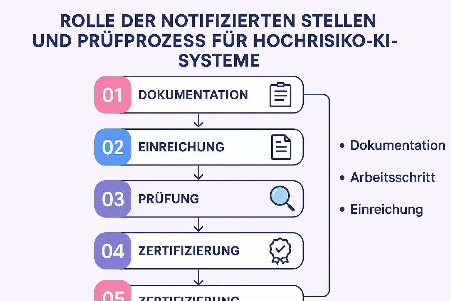 Dieses Flussdiagramm erklärt den Prüfprozess bei Notifizierten Stellen Schritt für Schritt und zeigt die notwendigen Schritte und Dokumente für eine erfolgreiche Zertifizierung.
