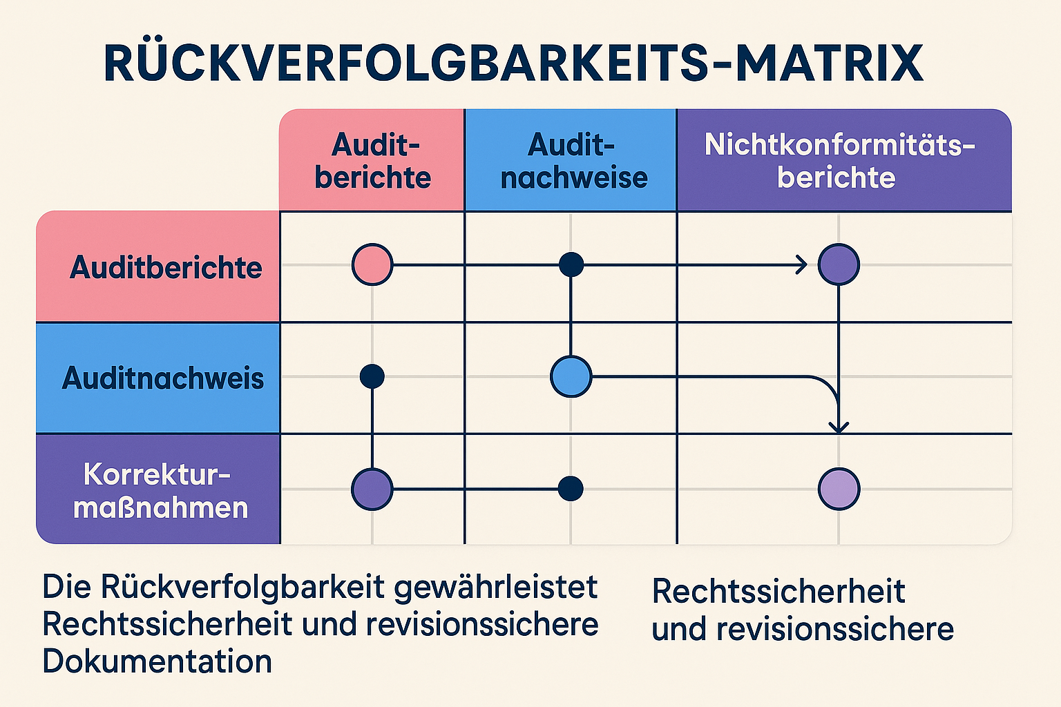 Diese Infografik veranschaulicht, wie eine Rückverfolgbarkeits-Matrix funktioniert, um alle Elemente der Auditdokumentation miteinander zu verbinden und so Revisionssicherheit und Nachvollziehbarkeit zu gewährleisten.