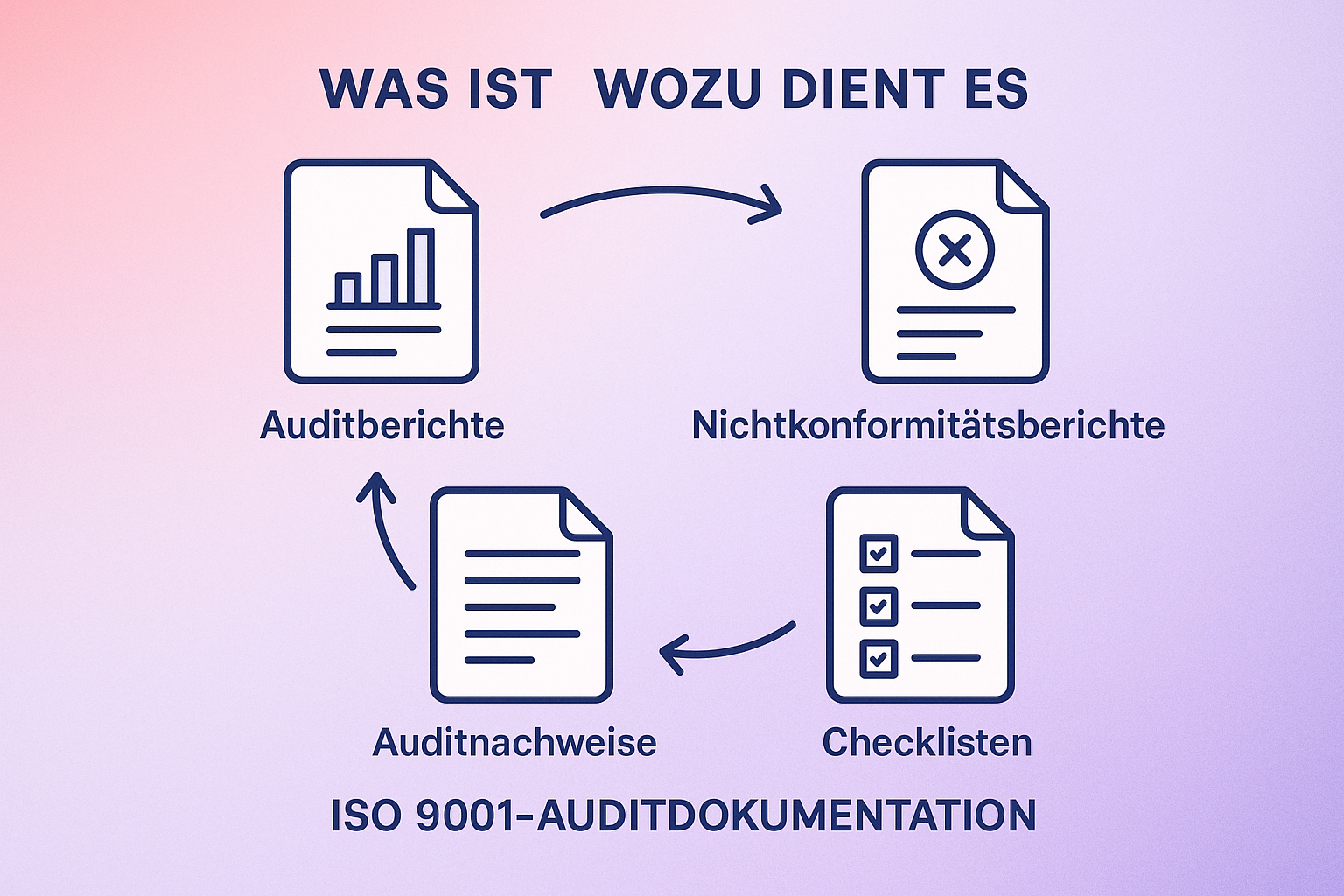 Dieses Bild erklärt anschaulich die vier Hauptformen der Auditdokumentation nach ISO 9001 und zeigt, wie sie zusammenwirken, um ein lückenloses Qualitätssicherungssystem zu gewährleisten.