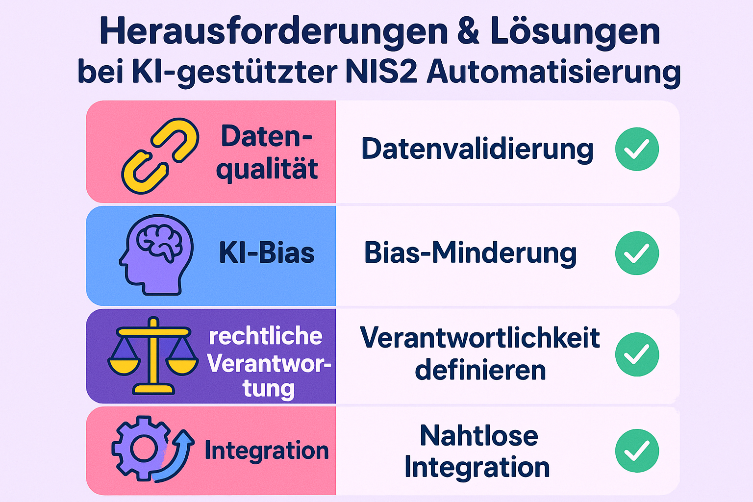 Diese Infografik hilft, die häufigsten Stolpersteine der KI-Automatisierung im NIS2-Kontext zu merken und zeigt pragmatische Lösungsansätze auf.