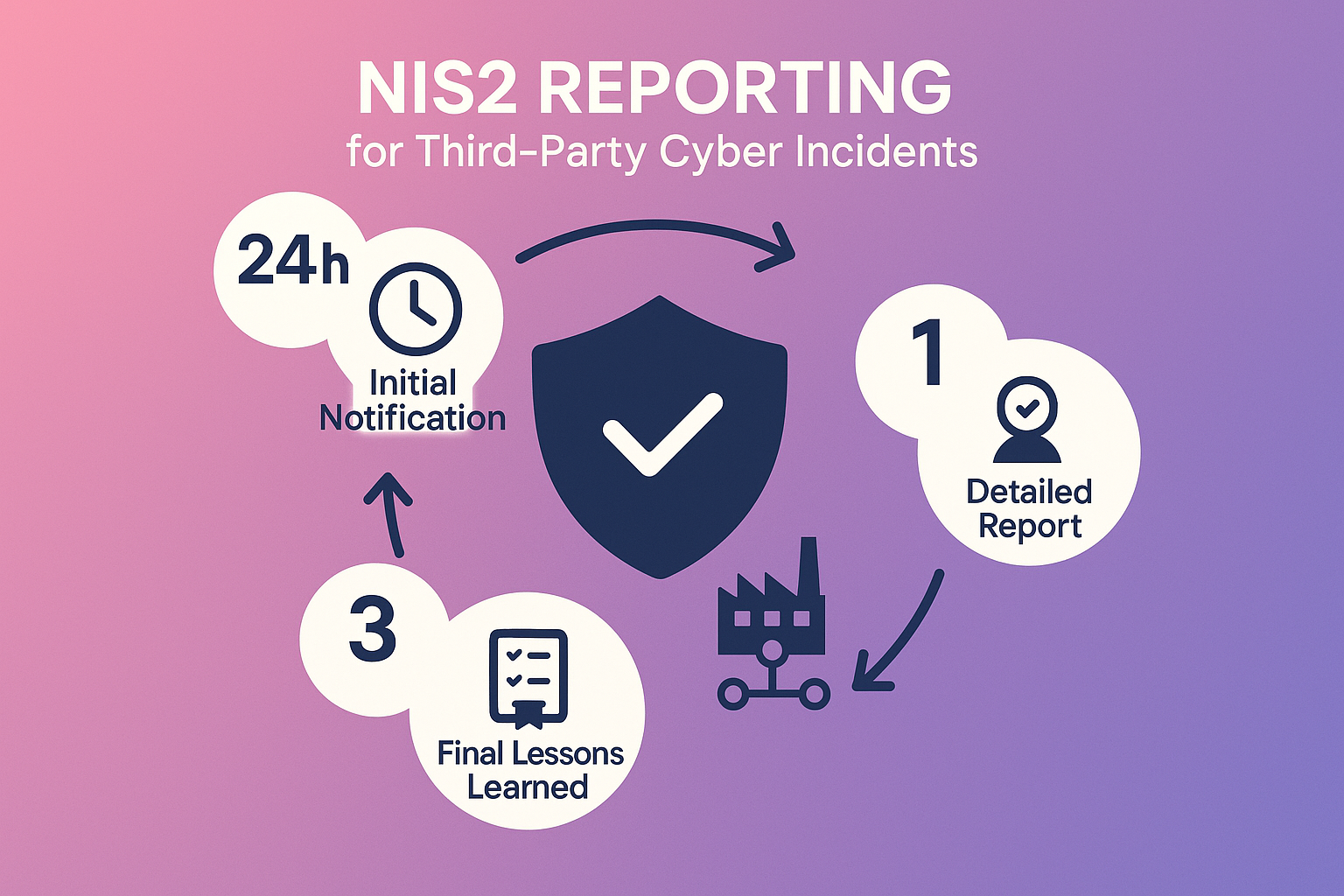 Dieses Schaubild erläutert die Meldepflichten gemäß NIS2 bei Drittanbieter-Cybervorfällen und zeigt die wichtigen Berichtsfristen: 24 Stunden Initialmeldung, 72 Stunden detaillierter Bericht und 30 Tage abschließende Analyse.