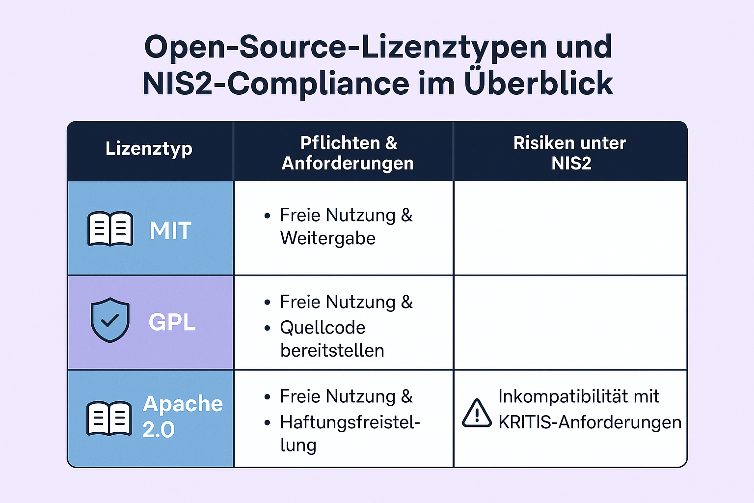 Diese Tabelle schafft eine einprägsame Übersicht der meistgenutzten Open-Source-Lizenzen, ihren Pflichten und den speziellen Risiken, die im Rahmen der NIS2-Richtlinie für KRITIS zu beachten sind.