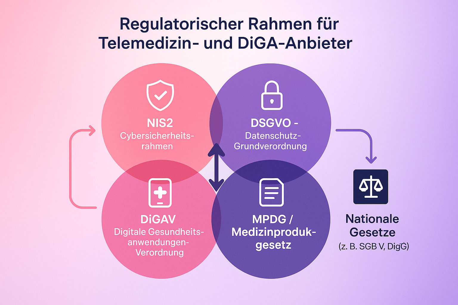 Diese Grafik zeigt anschaulich, wie NIS2 mit DiGAV, MPDG, DSGVO und nationalen Gesetzen wie SGB V zusammenwirkt – unerlässlich für das Verständnis der Compliance-Anforderungen in Telemedizin und digitalen Gesundheitsanwendungen.