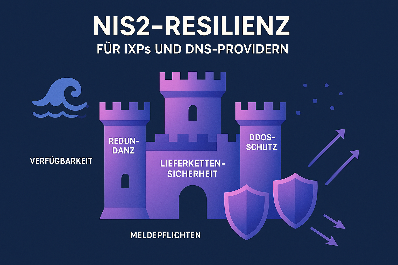 Einprägsame Visualisierung der zentralen Säulen resilienter Infrastruktur unter NIS2 für IXPs und DNS-Anbieter – mit einer Burg als Symbol für Schutz und Stabilität.