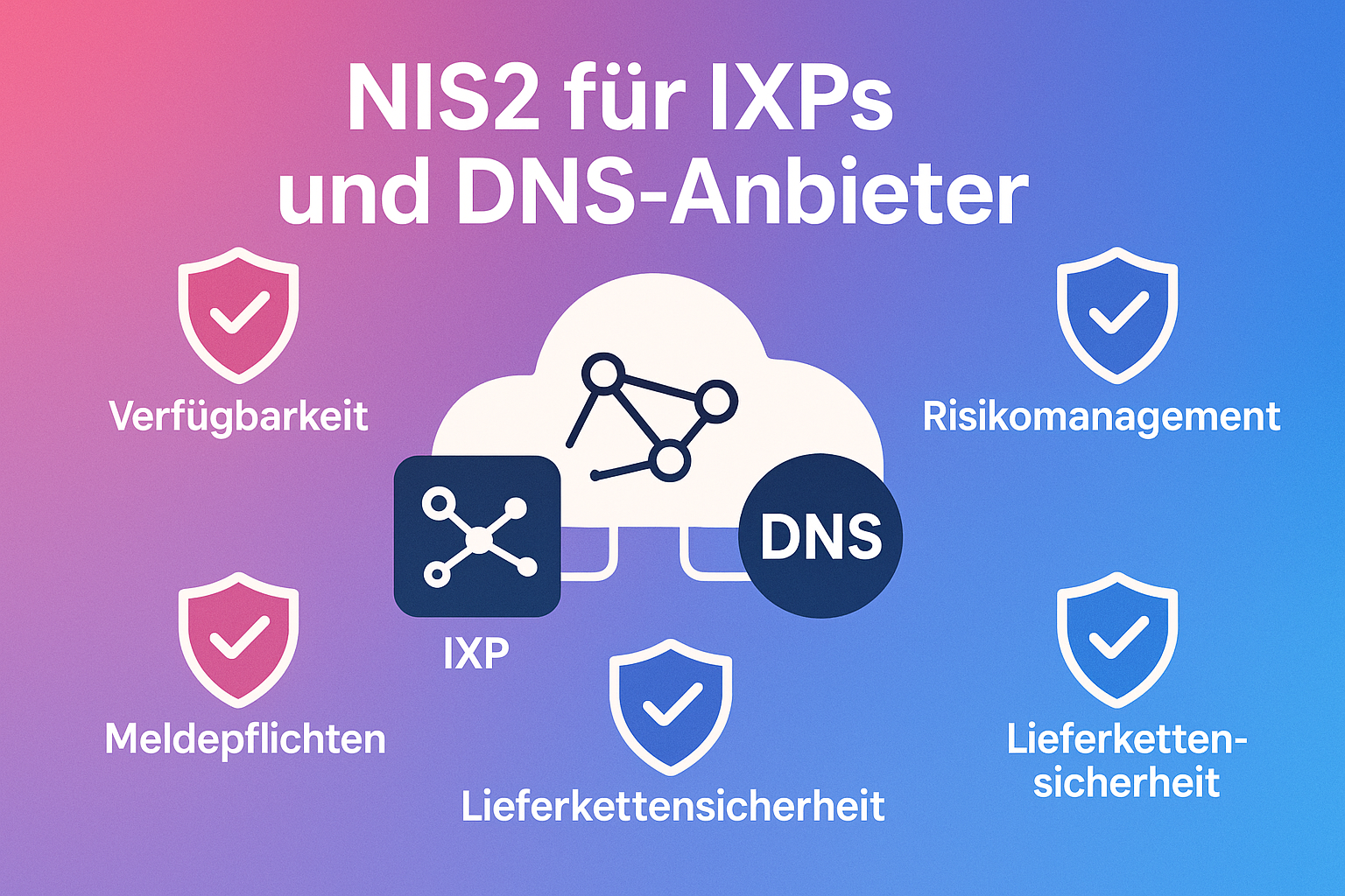 Visualisierung der zentralen NIS2-Konzepte für Betreiber kritischer Internet-Infrastruktur wie IXPs und DNS-Anbieter – vermittelt die wichtigsten Schutzprinzipien auf einen Blick.