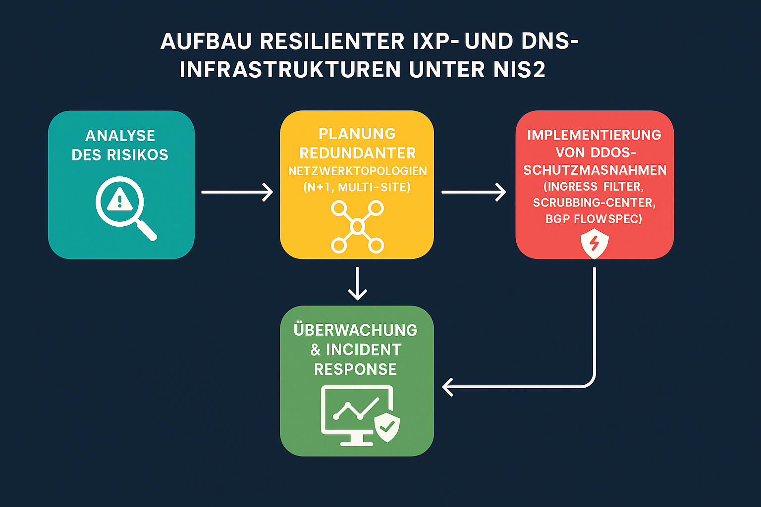 Prozessübersicht zur Umsetzung von NIS2-Anforderungen an Verfügbarkeit, Redundanz und DDoS-Schutz für kritische Internetinfrastruktur – zeigt die wichtigsten Maßnahmen und Abläufe geordnet nach Priorität.
