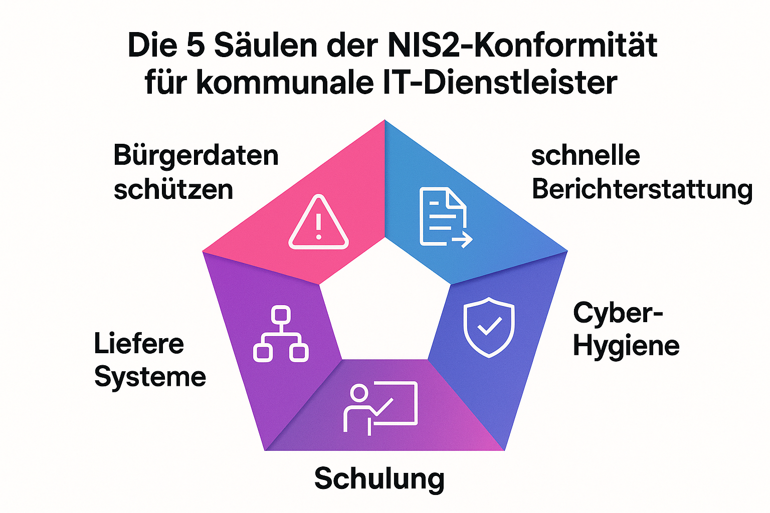Diese Merkhilfe verankert die zentralen NIS2-Pflichten für kommunale IT-Dienstleister visuell und einprägsam, um wichtige Compliance-Themen schnell abrufbar zu machen.
