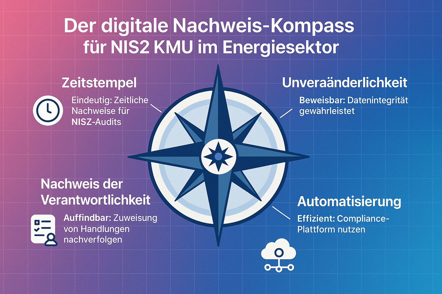 Der digitale Nachweis-Kompass hilft KMU im Energiesektor, die wichtigsten Eigenschaften von NIS2-konformen Beweisen im Gedächtnis zu verankern und effektiv für Audits vorzubereiten.