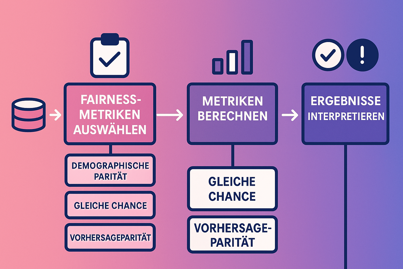 Dieses Flussdiagramm visualisiert die systematische Vorgehensweise zur Quantifizierung von Daten-Bias in Hochrisiko-KI-Systemen, indem es die Auswahl und Berechnung von Fairness-Metriken übersichtlich darstellt und so den Analyseprozess verständlich macht.
