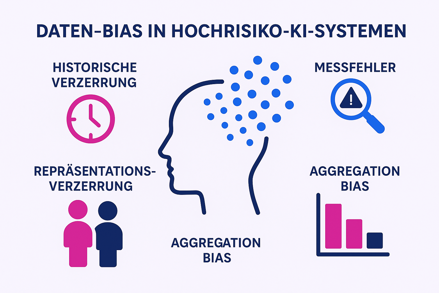 Diese Infografik erklärt die verschiedenen Arten von Daten-Bias, die in Hochrisiko-KI-Systemen gemäß dem EU KI Act auftreten können, und macht abstrakte Konzepte durch klare Symbole und kurze Erklärungen verständlich.