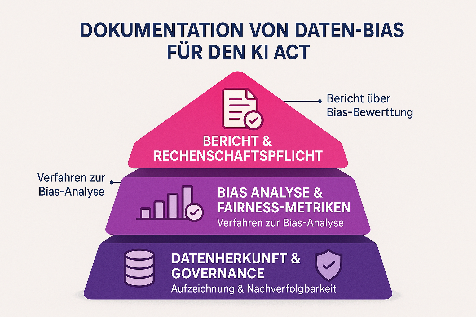 Diese Pyramide visualisiert die wichtigsten Bestandteile der Bias-Dokumentation für Hochrisiko-KI-Systeme gemäß EU KI Act und erleichtert das Verständnis der Dokumentationsanforderungen durch eine klare Hierarchie.