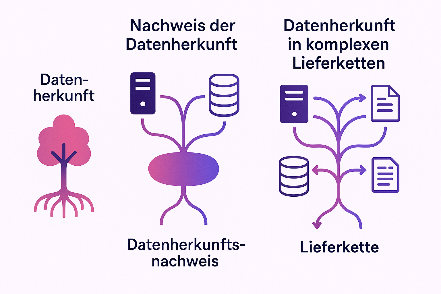 Diese Grafik erklärt anschaulich den Unterschied zwischen einfachen Datenherkunft und umfassendem Nachweis der Datenherkunft in komplexen Lieferketten – eine zentrale Voraussetzung für die Einhaltung des KI Acts.