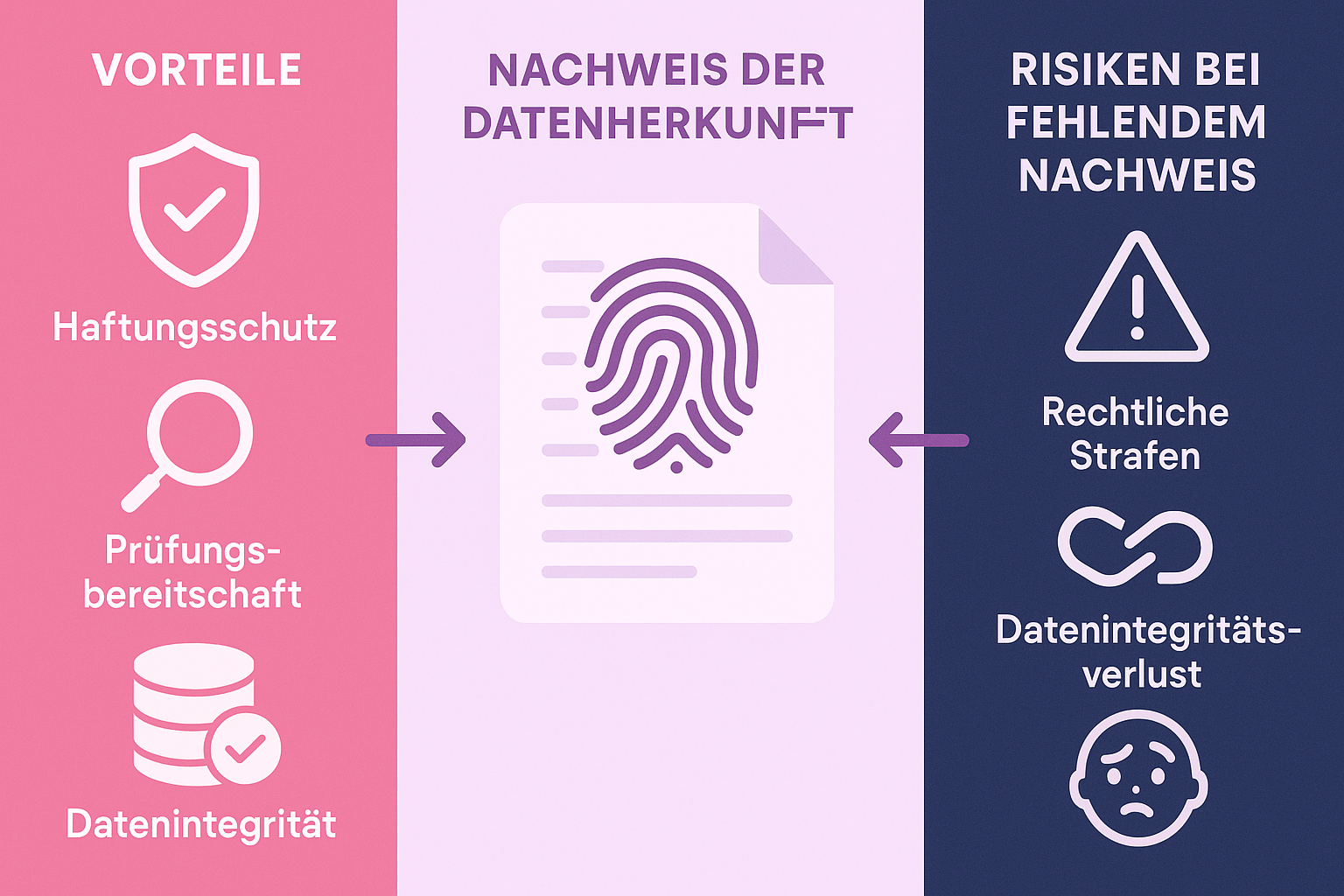 Einprägsame Visualisierung von Nutzen und Risiken des Datenherkunftsnachweises, die das zentrale Lernziel unterstützt, warum sorgfältige Datenprovenienz für KI Act Compliance unverzichtbar ist.