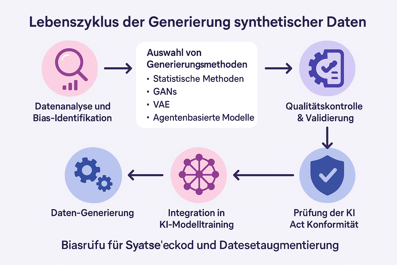 Der Prozess der synthetischen Datengenerierung und Bias-Minderung in sechs klaren Schritten zeigt, wie technische und rechtliche Anforderungen kombinieren werden, um KI Act konforme Modelle zu erstellen.