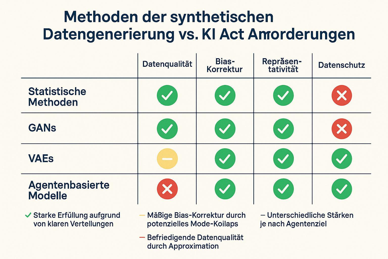 Die Matrix zeigt auf einen Blick, welche synthetischen Daten Generierungsmethoden am besten geeignet sind, um spezifische Anforderungen des KI Acts zu erfüllen und dabei Bias zu reduzieren sowie Datenqualität sicherzustellen.