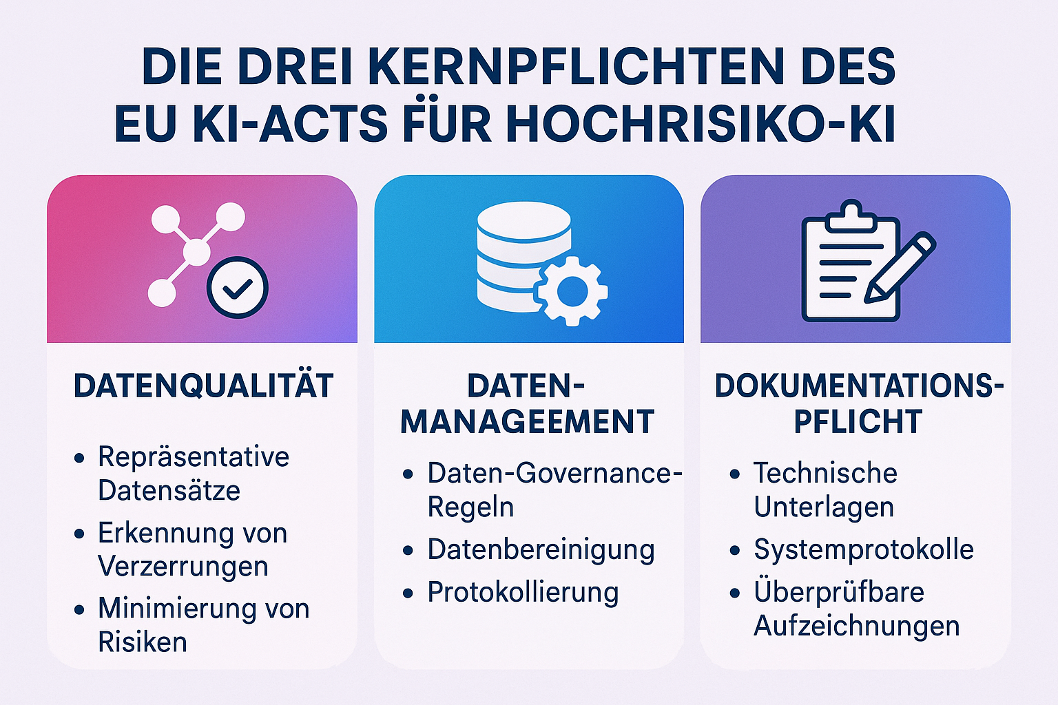 Diese Merkkarte festigt die wichtigsten Pflichten des EU KI Acts als prägnanten visuellen Anker und erleichtert das schnelle Nachschlagen und Erinnern.