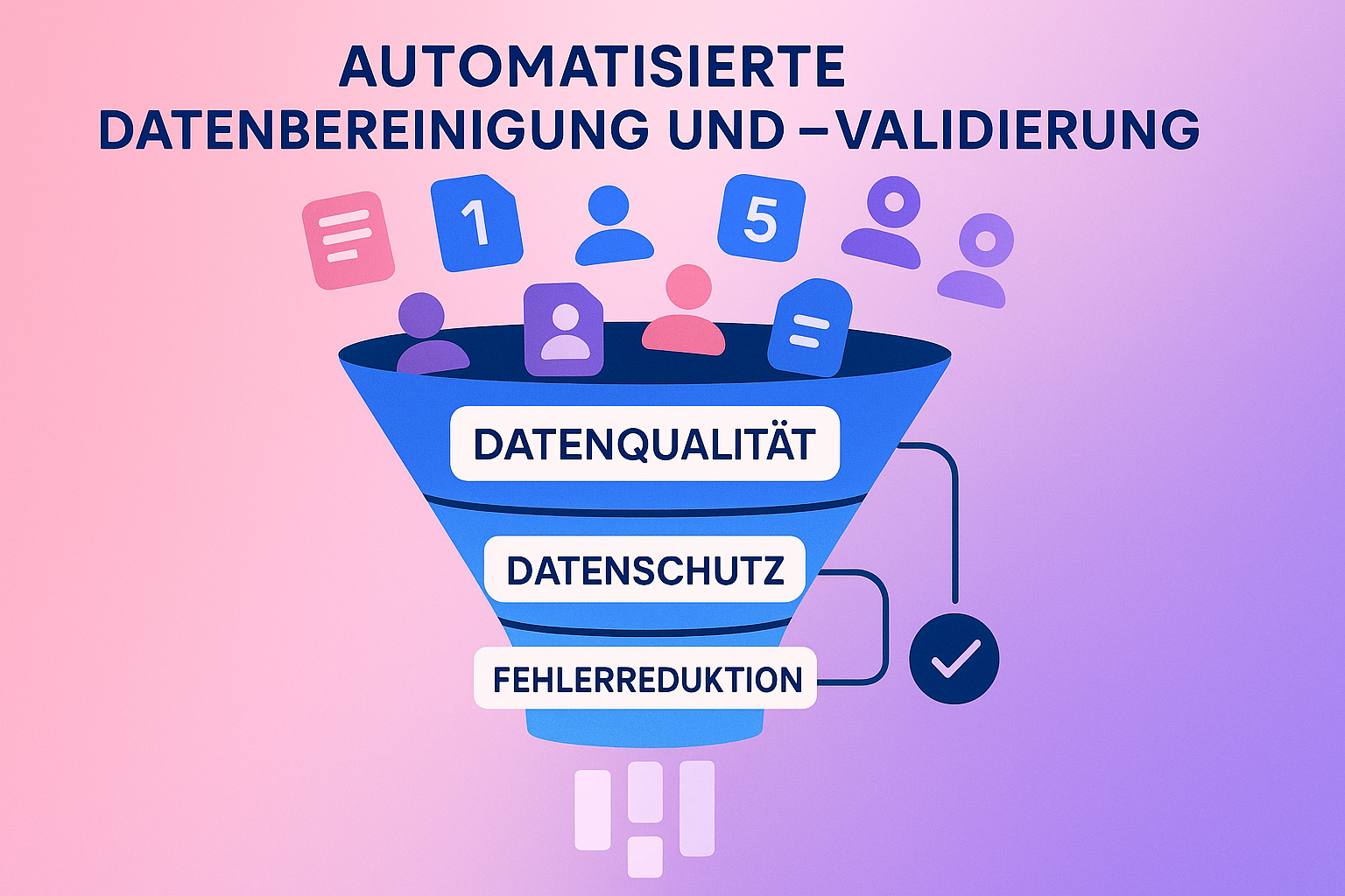 Diese Illustration macht das abstrakte Konzept der automatisierten Datenbereinigung greifbar: Ein mehrstufiger Filter visualisiert, wie KI-gestützte Tools Daten gemäß den Anforderungen des KI Acts säubern und validieren.