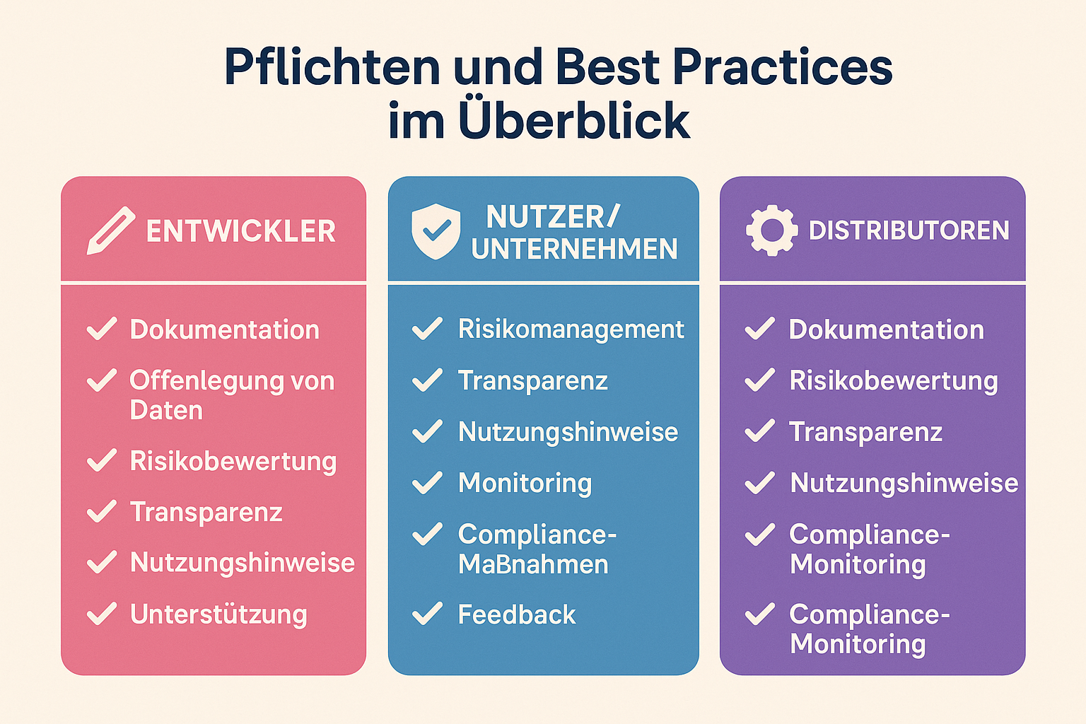 Klare Checklisten für Entwickler, Nutzer und Distributoren: Erfahren Sie, welche Schritte Sie einhalten müssen, um Haftungsrisiken unter dem EU AI Act zu minimieren.