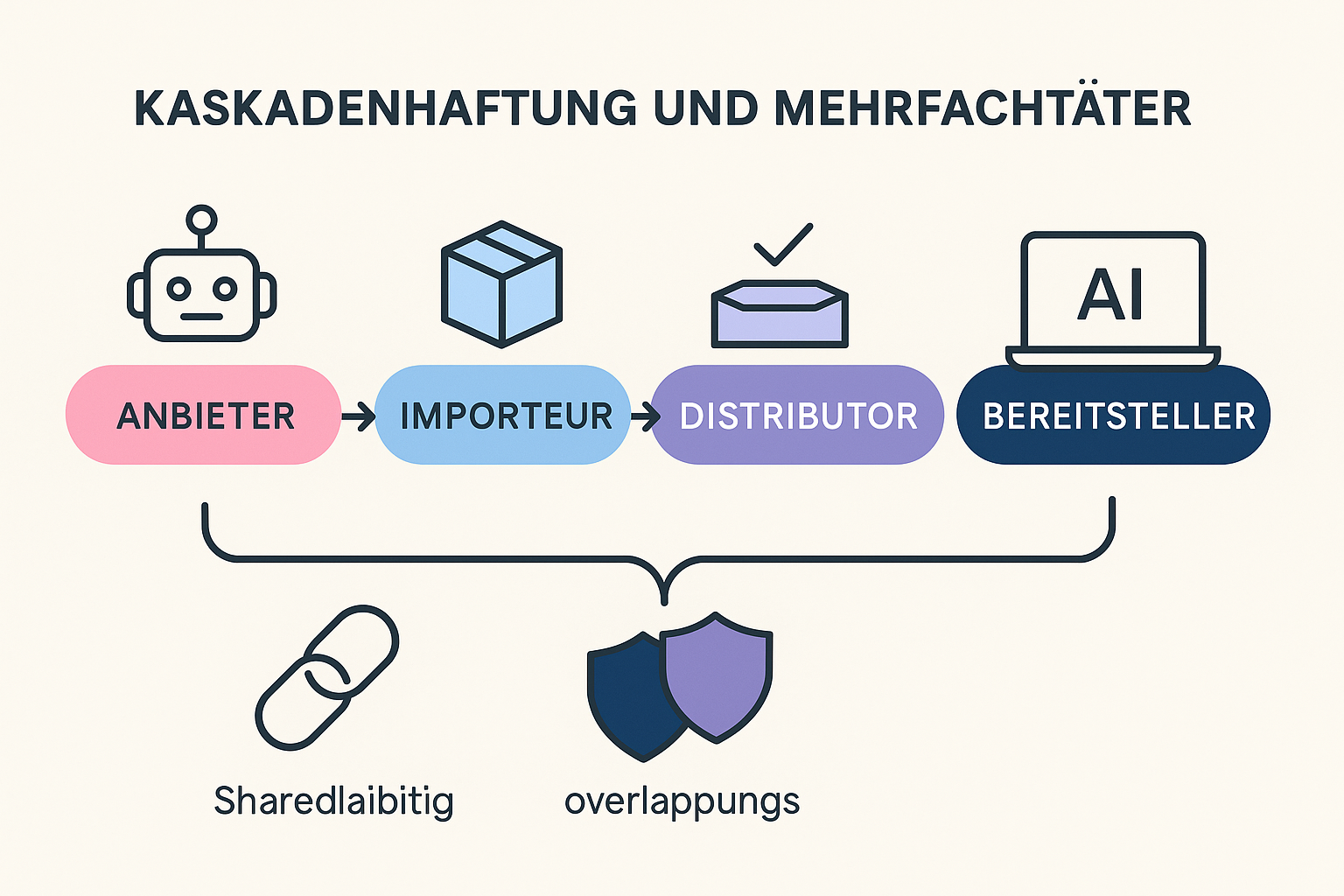 Diese Grafik veranschaulicht, wie die Haftung bei Verstößen gegen den EU AI Act auf mehrere Akteure verteilt ist. Die Kaskadenhaftung zeigt, wie Verantwortung entlang der KI-Wertschöpfungskette weitergegeben wird, während Mehrfachtäterregeln gemeinsame Haftung darstellen.