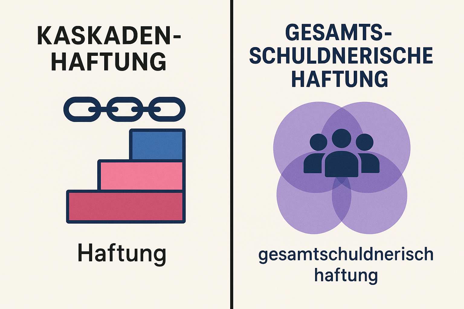 Dieses Bild verankert die wichtigsten Haftungskonzepte des EU AI Act visuell, um das Verständnis und die Erinnerung an Kaskaden- und Mehrfachtäterhaftung zu erleichtern.