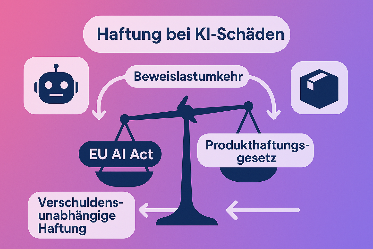 Dieses Bild zeigt anschaulich die Wechselwirkung zwischen dem EU AI Act und dem Produkthaftungsgesetz, betont zentrale Konzepte wie die Beweislastumkehr und macht abstrakte Rechtsprinzipien für KI-Schäden greifbar.