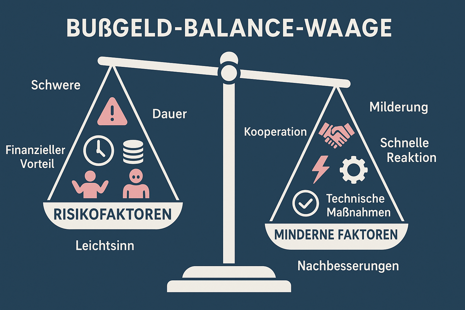 Die Darstellung einer Waage verdeutlicht, wie mindernde Faktoren wie Kooperation und schnelle Reaktion dazu beitragen können, die Bußgeldhöhe zu reduzieren – eine eingängige Erinnerungshilfe für Unternehmen.