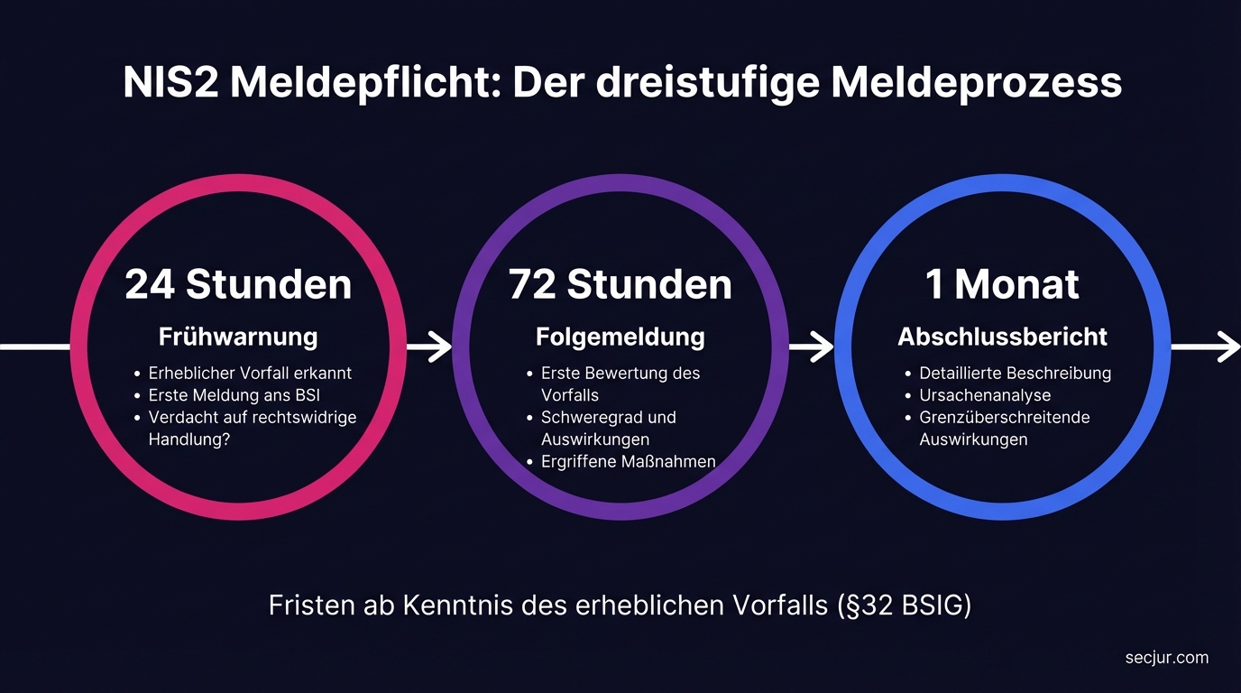 NIS2 Meldepflicht Timeline: Frühwarnung innerhalb 24 Stunden, Folgemeldung innerhalb 72 Stunden, Abschlussbericht innerhalb 1 Monat