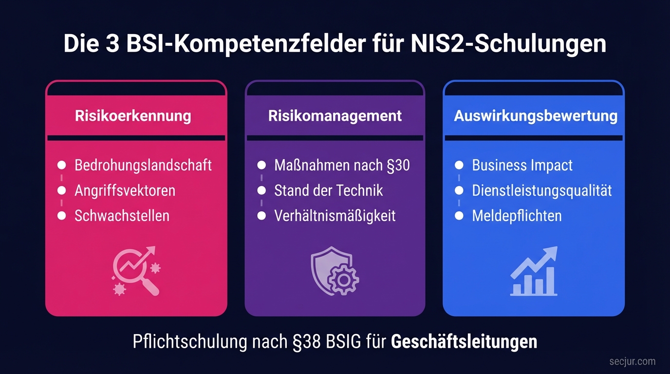 Die drei Kompetenzfelder der NIS2-Geschäftsleitungsschulung nach BSI-Handreichung: Risikoerkennung, Risikomanagement und Auswirkungsbewertung
