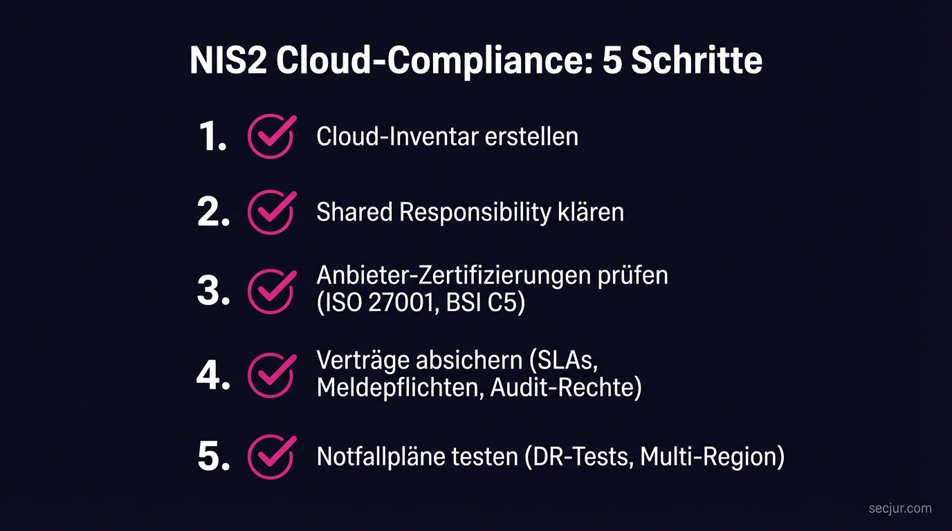 NIS2 Cloud-Compliance Checkliste: 5 Schritte zur Cloud-Sicherheit (Cloud-Inventar, Shared Responsibility, Anbieter-Zertifizierungen, Verträge absichern, Notfallpläne testen)