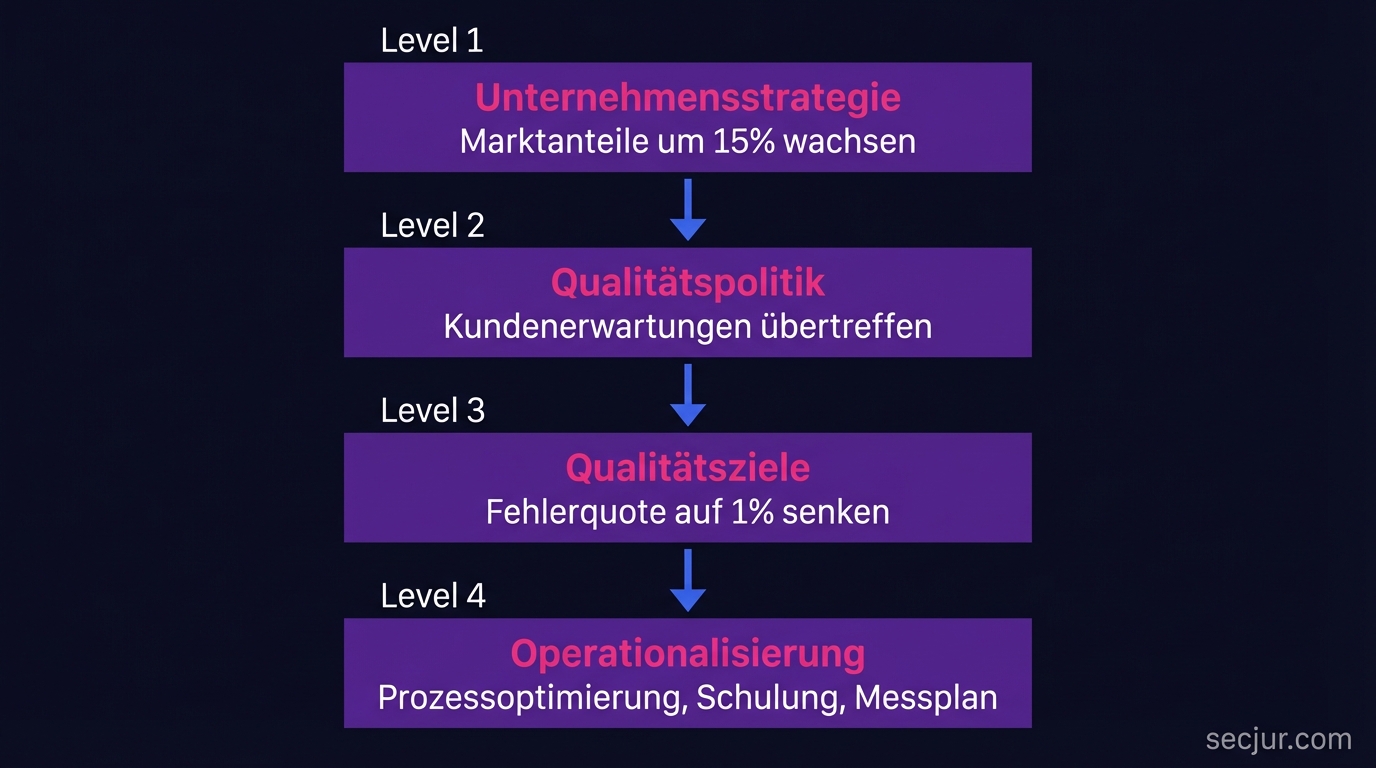 Kaskade: Unternehmensstrategie zu Qualitätszielen. Vier Ebenen zeigen Ableitungslogik von Unternehmensstrategie (Marktanteile um 15% wachsen) über Qualitätspolitik (Kundenerwartungen übertreffen) zu Qualitätszielen (Fehlerquote auf 1% senken) und Operationalisierung (Prozessoptimierung, Schulung, Messplan).