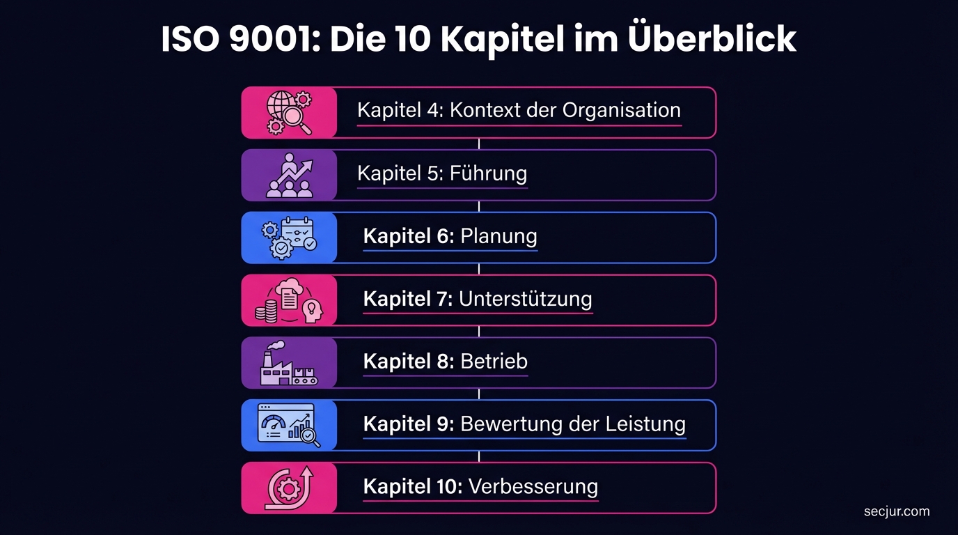 ISO 9001 10 Kapitel Überblick - Kontext der Organisation, Führung, Planung, Unterstützung, Betrieb, Bewertung der Leistung, Verbesserung