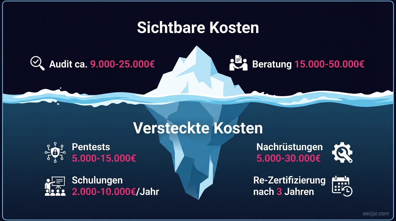 Eisberg-Grafik der ISO 27001 Kosten: Sichtbare Kosten wie Audit und Beratung über, versteckte Kosten wie Pentests und Schulungen unter der Oberfläche