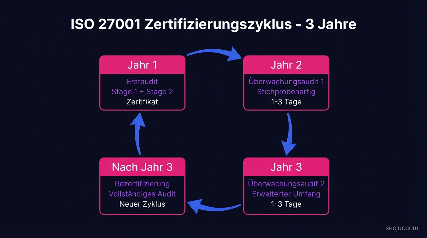 ISO 27001 Zertifizierungszyklus: Erstaudit, zwei Überwachungsaudits und Rezertifizierung im 3-Jahres-Rhythmus