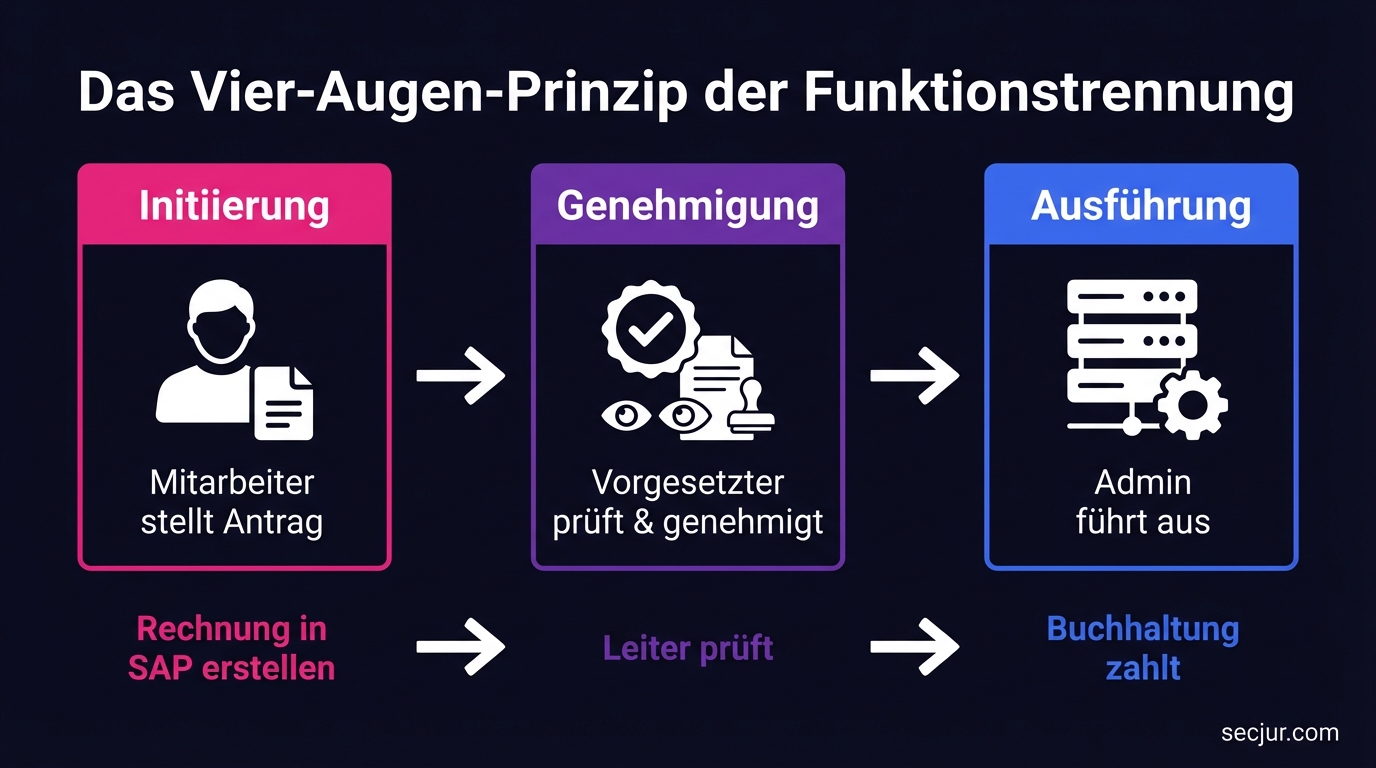 Das Vier-Augen-Prinzip der Funktionstrennung nach ISO 27001 A.5.3 zeigt die Trennung von Antrag, Genehmigung und Ausführung.