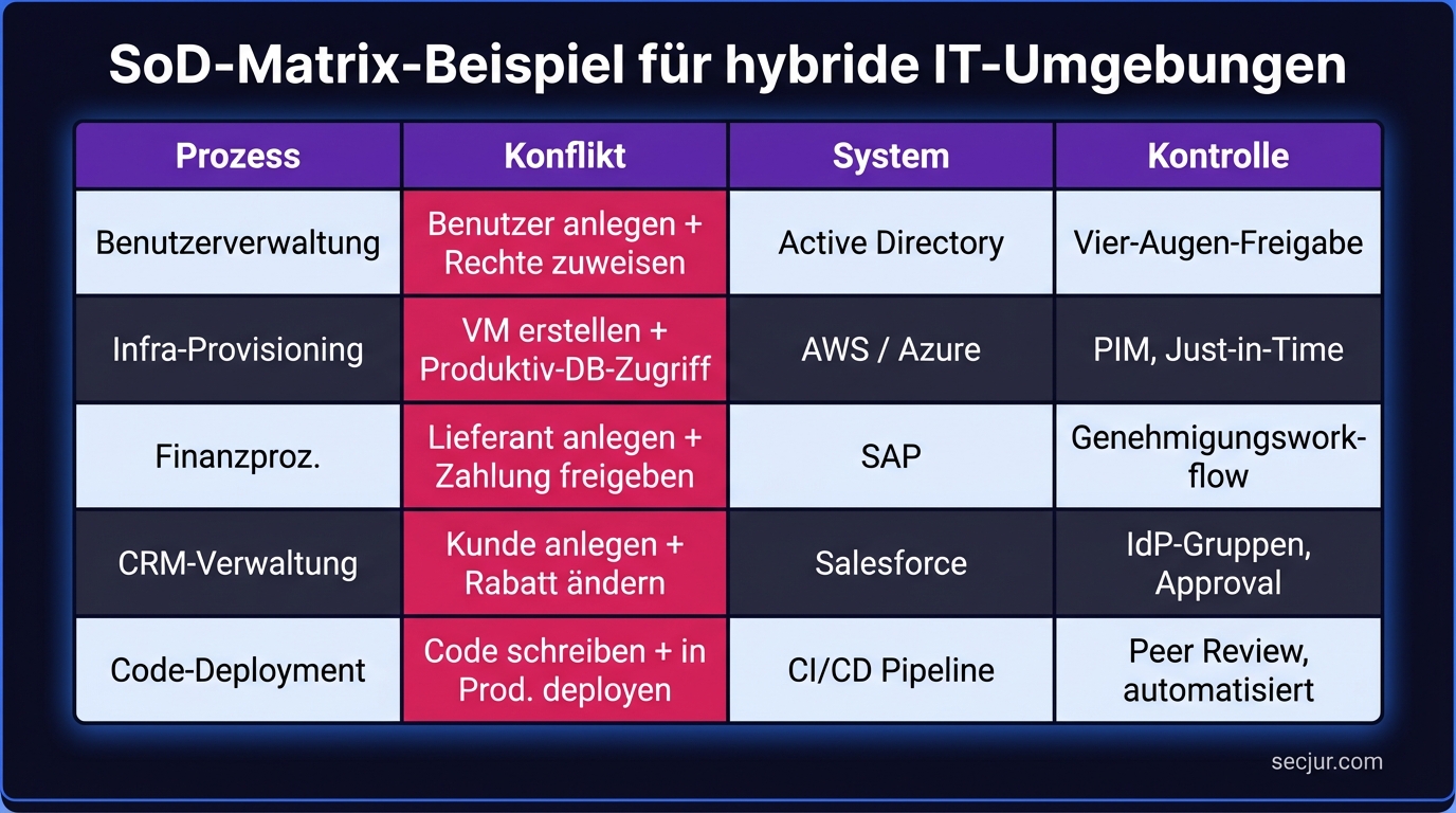 Beispiel einer SoD-Matrix für hybride IT-Umgebungen mit Rollen, Systemen und Konfliktkennzeichnung nach ISO 27001.
