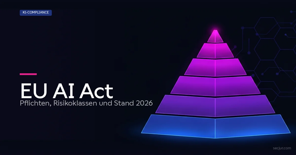Titelbild EU AI Act Pillar: Stand Mai 2026 mit Risikoklassen-Pyramide für Anbieter, Betreiber und Implementierungspflichten.