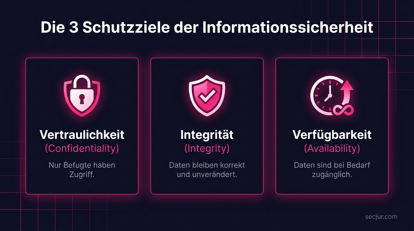 Infografik zu den 3 Schutzzielen der Informationssicherheit: Vertraulichkeit, Integrität und Verfügbarkeit als gleichwertige Säulen