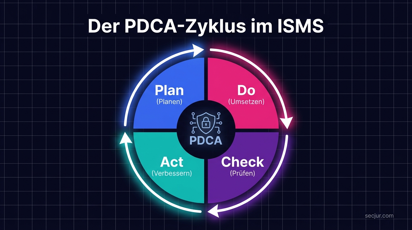 Kreislaufdiagramm: Der PDCA-Zyklus im ISMS mit den vier Phasen Plan, Do, Check und Act als kontinuierlicher Verbesserungsprozess