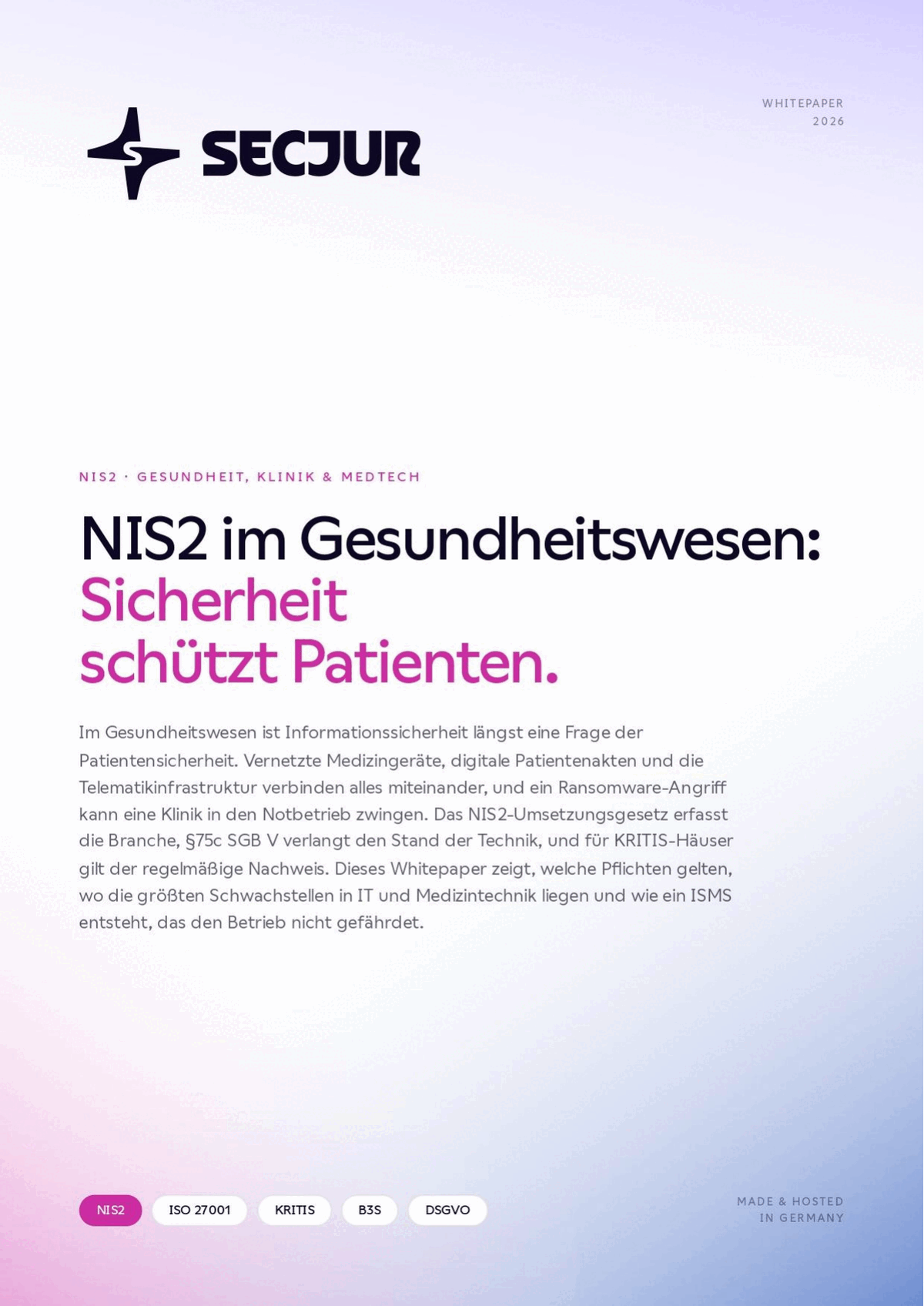 Cover des secjur Whitepapers NIS2 im Gesundheitswesen