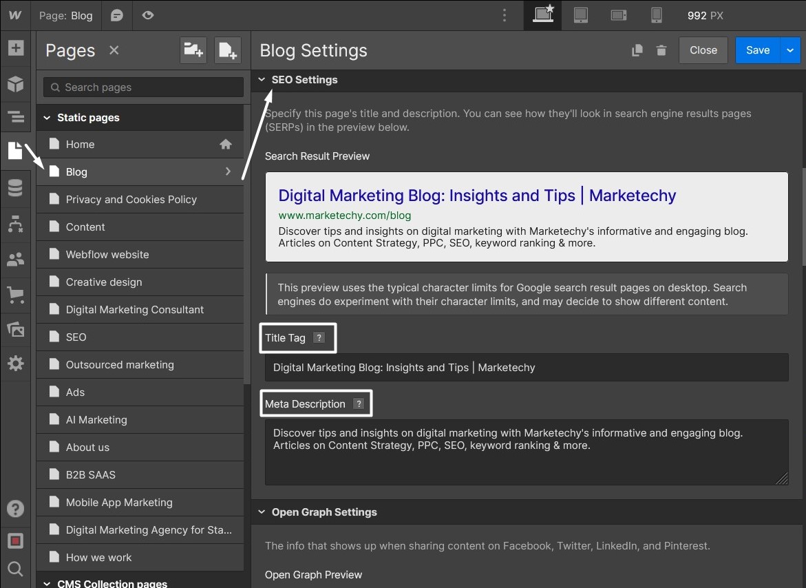 Editing SEO title and description for static page in Webflow