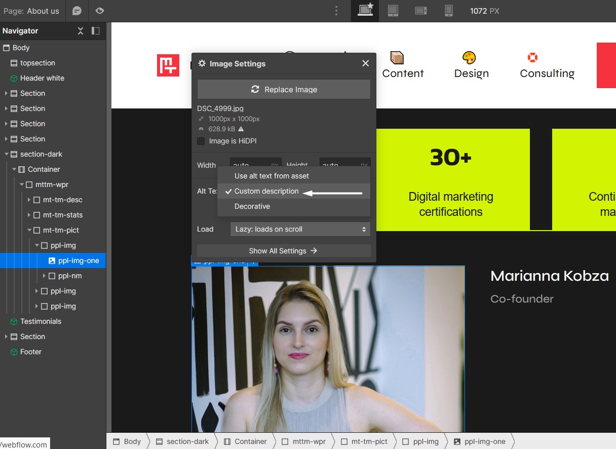 How to customize alt text in Webflow Designer