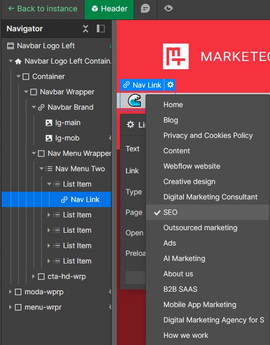 How to edit navigation menu links in Webflow