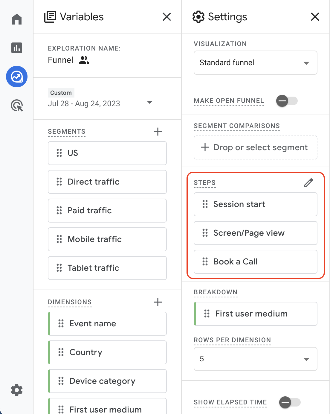 Setting Funnel Exploration view for calendly_booking custom event in GA4