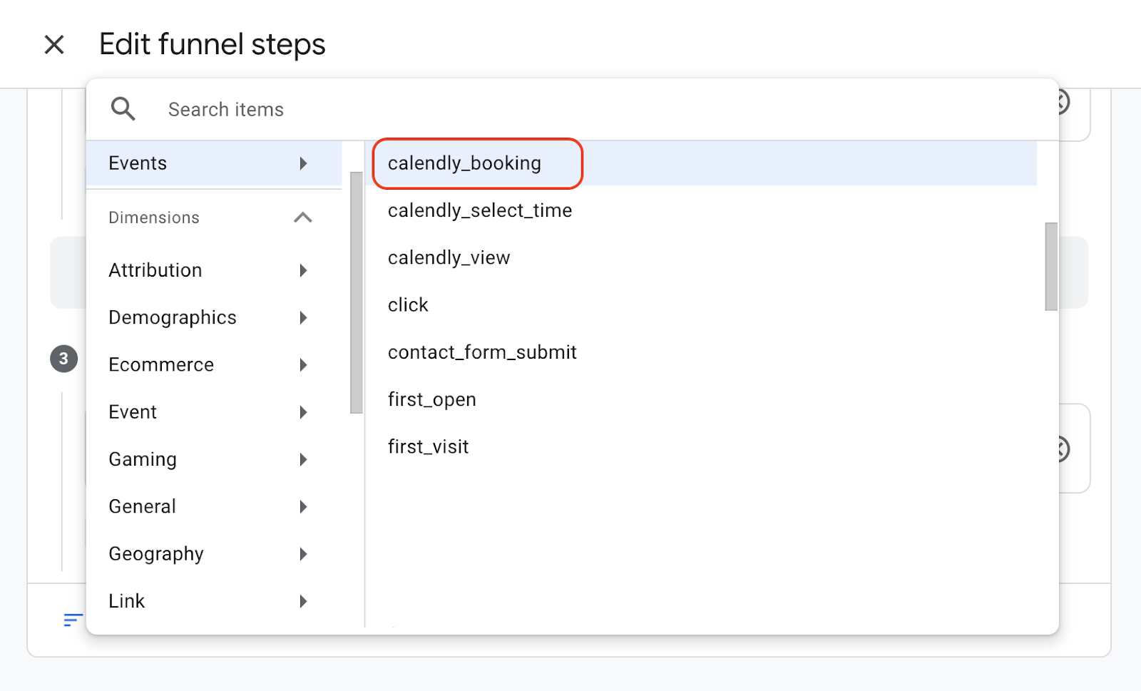 Picking calendly_booking event as a funnel step for Funnel Exploration view