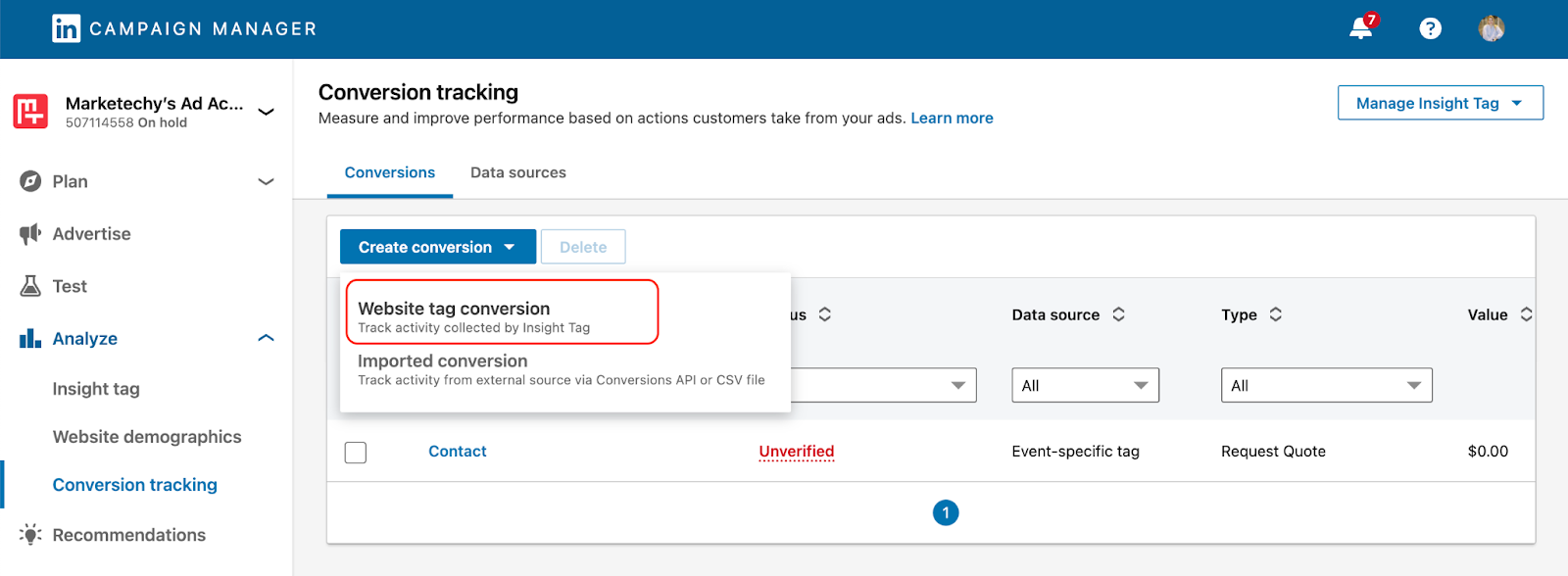 Setting Conversion Type in LinkedIn Campaign Manager - screenshot