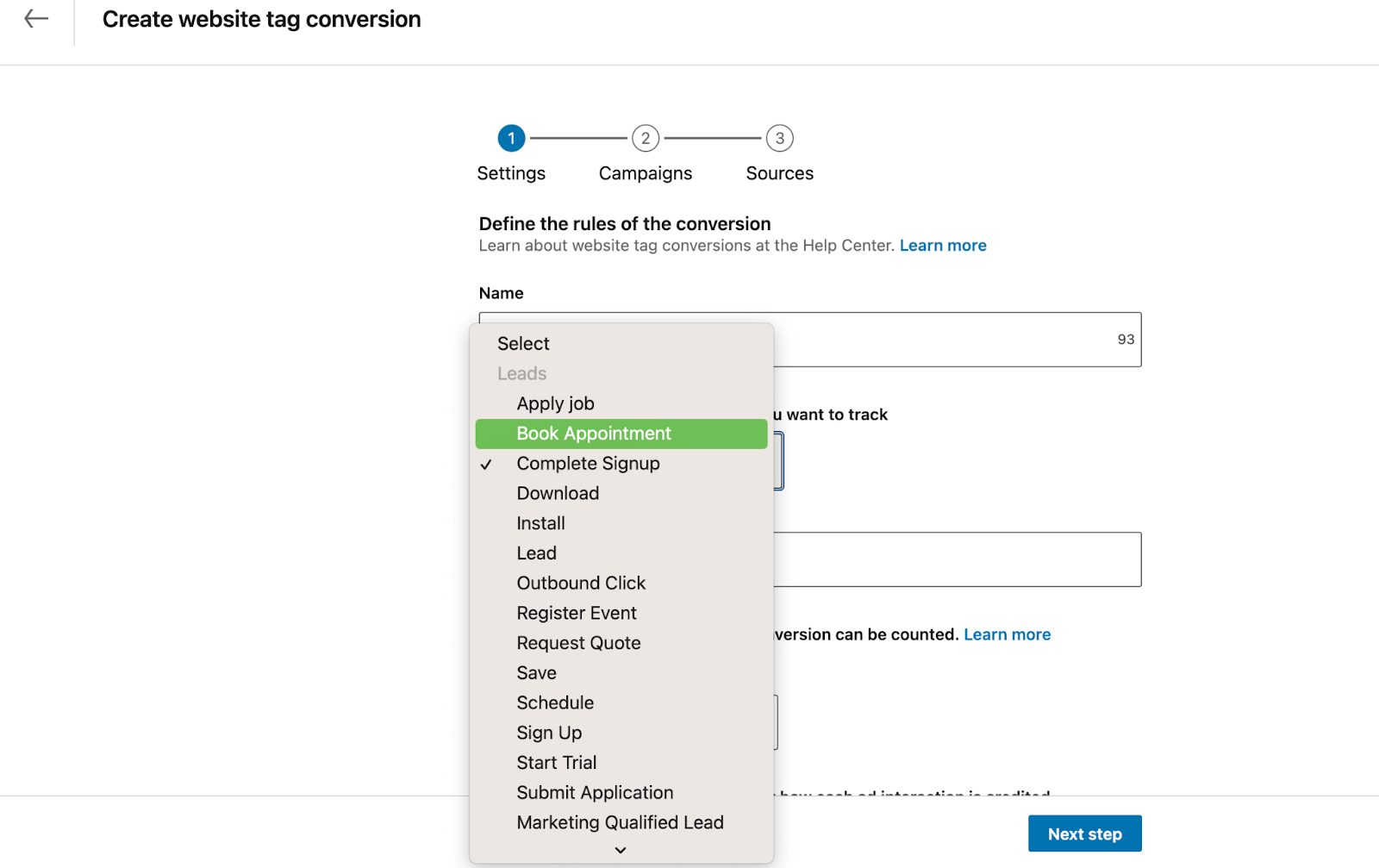 Defining conversion rules in LinkedIn Campaign Manager - screenshot