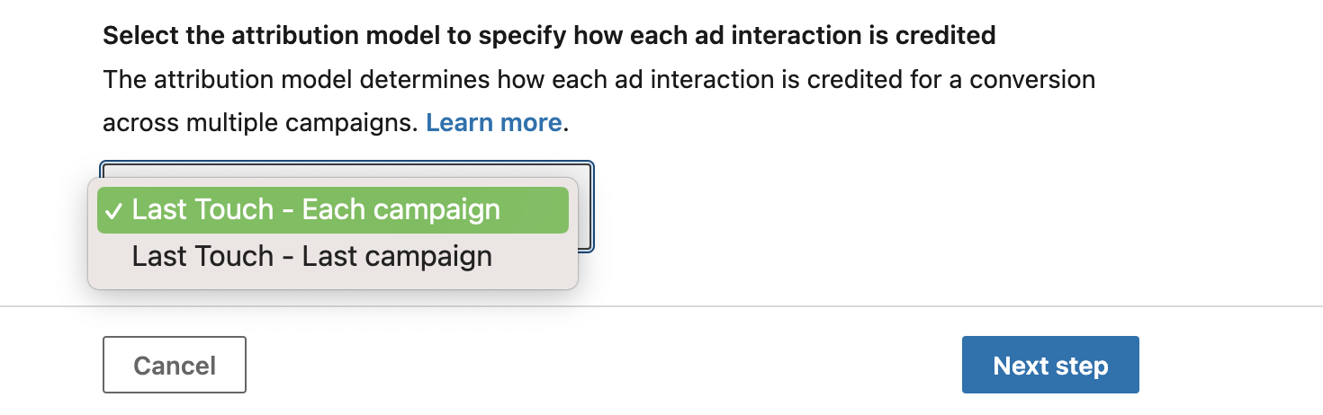 Selecting attribution model for LinkedIn conversion tracking - screenshot
