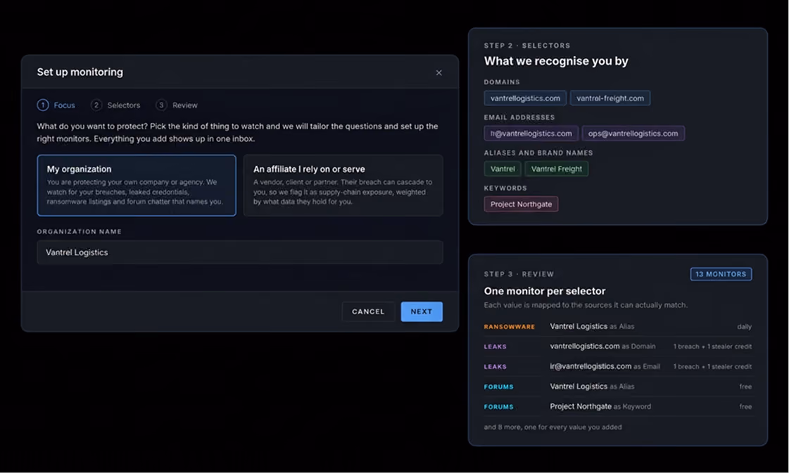 BlackWall set up monitoring: organization, affiliates and selectors